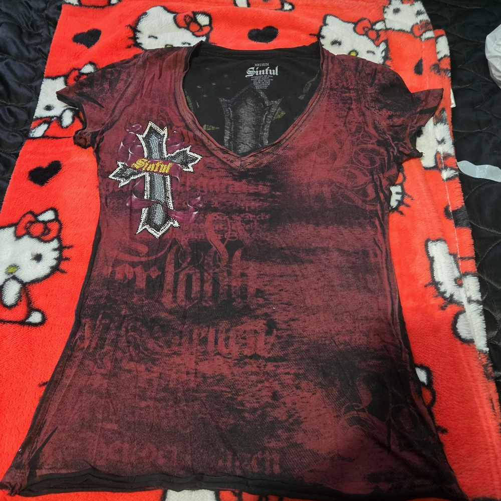 Sinful Burgundy Cross Graphic V-Neck Tee Size M used Once Time Like New